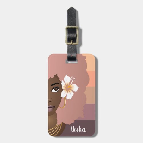 Black Woman Pink Afro with Flower Pastel Stripes Luggage Tag