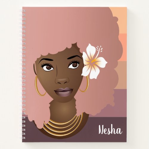 Black Woman Pink Afro with Flower Pastel Stripes Notebook