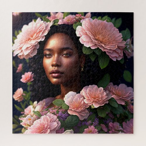 Black Woman Pink Flowers Digital Art  Jigsaw Puzzle