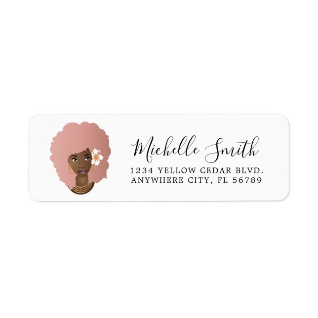 Black Woman, Pink Natural Hair Afro With Flower Label (Front)