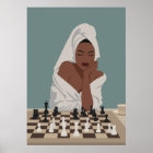 Black woman playing chess, boho style.