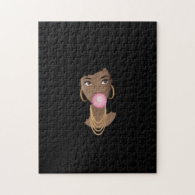 Black Woman, Popping Pink Bubblegum, Black Jigsaw Puzzle (Vertical)