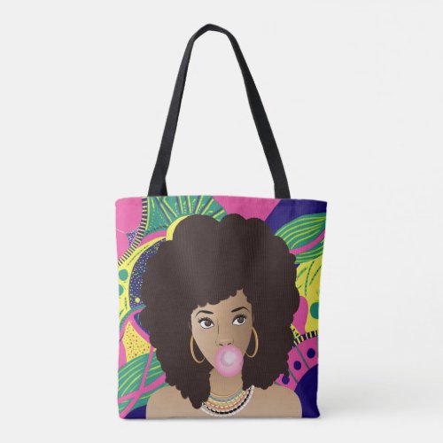 Black Woman Popping Pink Bubblegum Colorful Tote Bag