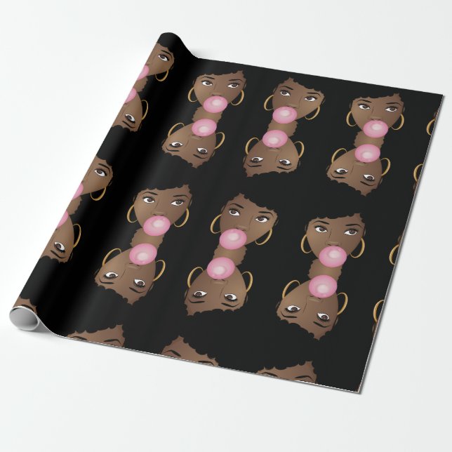 Black Woman, Popping Pink Bubblegum Wrapping Paper (Unrolled)