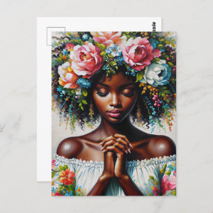 Black Woman Praying Colorful Floral Art Postcard