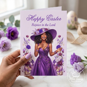 Black Woman Purple Floral Cross Religious Easter Card