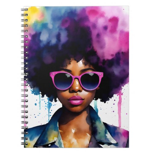Black Woman Rainbow Afro Hair and Sunglasses Art Notebook
