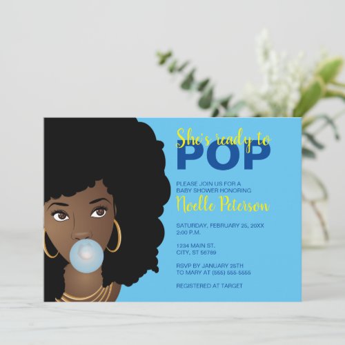 Black Woman Ready to Pop Bubblegum Blue Invitation