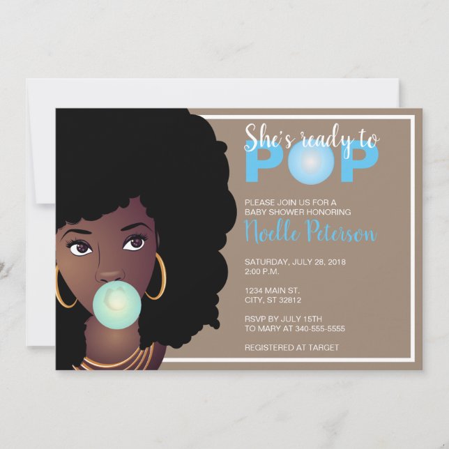 Black Woman, Ready to Pop, Bubblegum, Blue Invitation (Front)