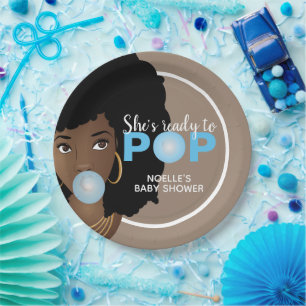 Black Woman, Ready to Pop, Bubblegum, Blue Paper Plates