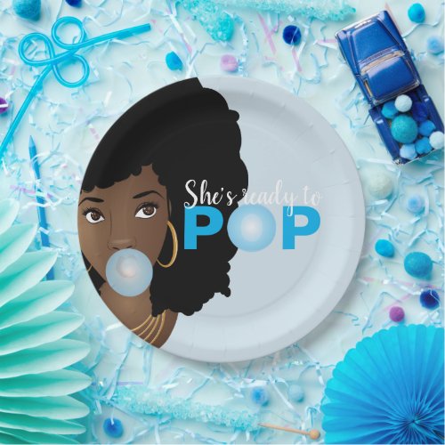 Black Woman Ready to Pop Bubblegum Blue Paper Plates