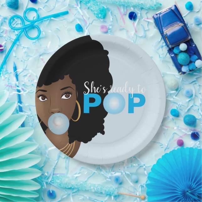 Black Woman, Ready to Pop, Bubblegum, Blue Paper Plates (Party)