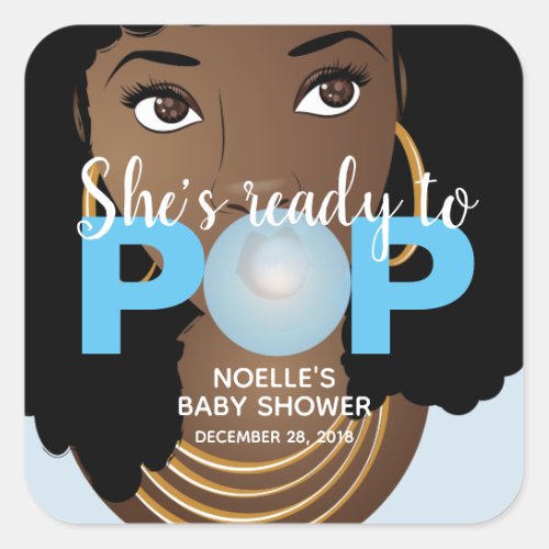 Black Woman Ready to Pop Bubblegum Blue Square Sticker