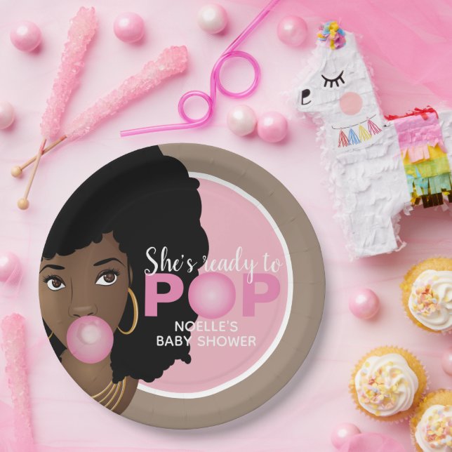 Black Woman, Ready to Pop, Bubblegum, Pink Paper Plates (Party)