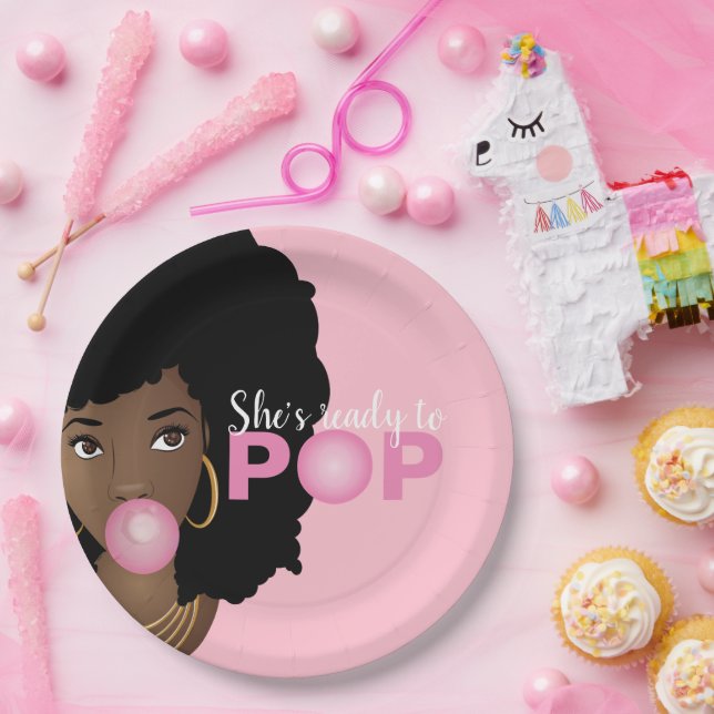 Black Woman, Ready to Pop, Bubblegum, Pink Paper Plates (Party)