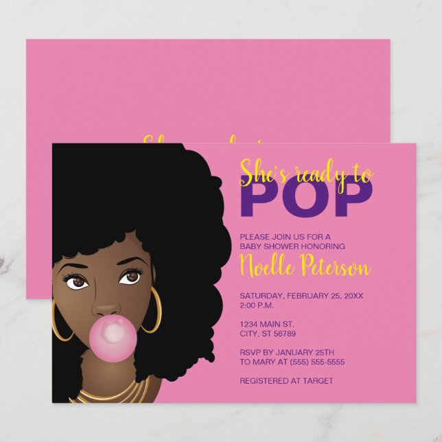 Black Woman Ready to Pop, Bubblegum Theme, Pink Invitation (Front/Back)