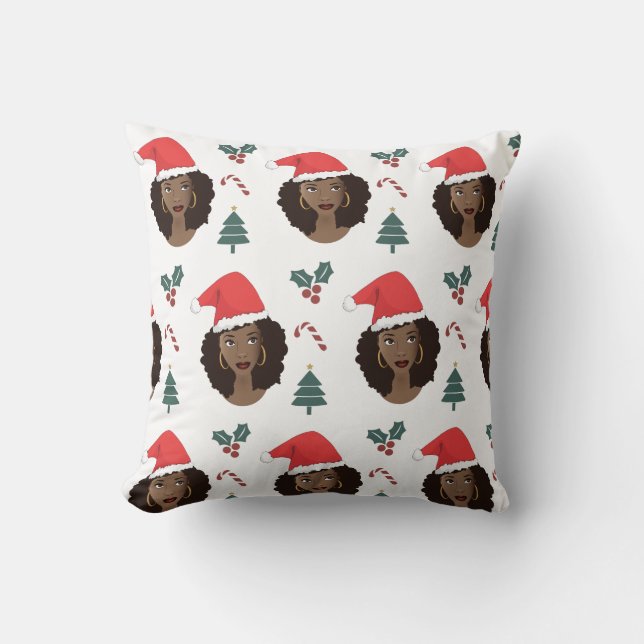 Black Woman, Red Santa Hat, Christmas Pattern Throw Pillow (Front)