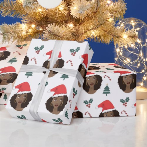 Black Woman Red Santa Hat Christmas Pattern Wrapping Paper