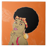 Black Woman Retro Portrait Ceramic Tile<br><div class="desc">A retro poster style illustration of a black / African American woman in the disco era. The woman has a polka dot ribbon holding her hair. The back ground is a bright,  distress orange. If you would like any help customising this design please feel free to contact me.</div>
