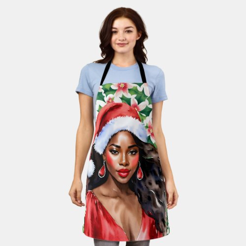 Black Woman Santa Hat Christmas Apron