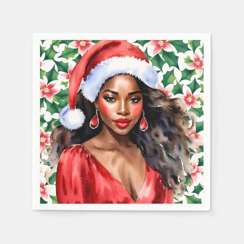 Black Woman Santa Hat Christmas Napkins