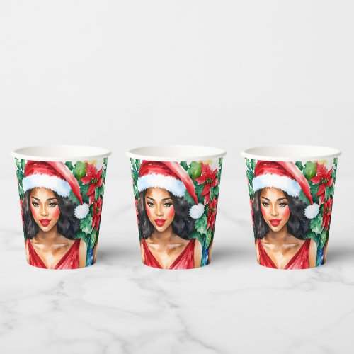 Black Woman Santa Hat Christmas Paper Cups