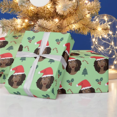 Black Woman Santa Hat Christmas Pattern Green Wrapping Paper