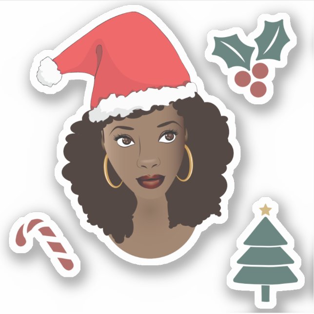 Black Woman, Santa Hat, Christmas Tree, Candy Cane Sticker (Front)