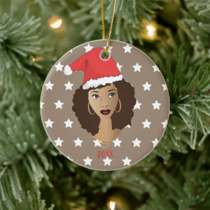 Black Woman, Santa Hat, White Stars Pattern, Brown Ceramic Ornament