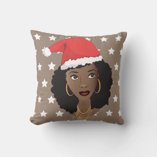 Black Woman Santa Hat White Stars Pattern Brown Throw Pillow