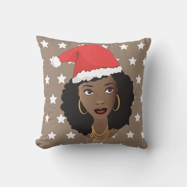 Black Woman, Santa Hat, White Stars Pattern, Brown Throw Pillow (Front)
