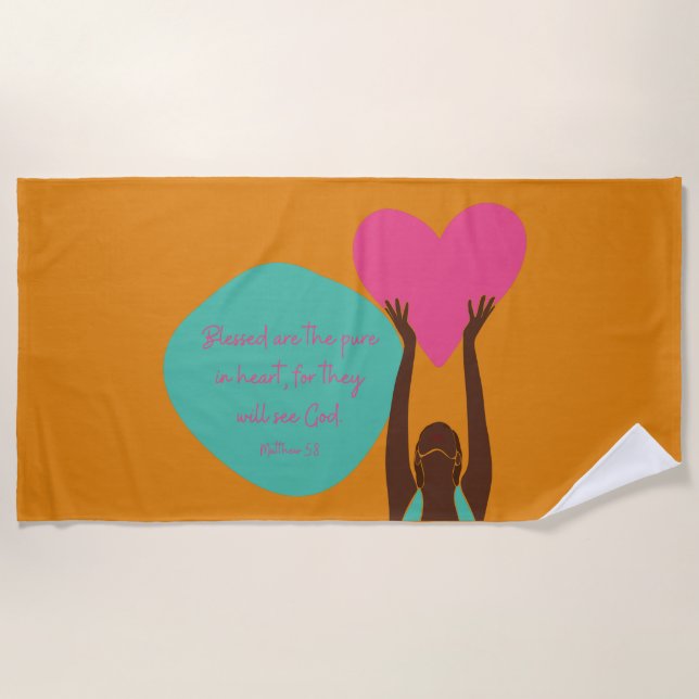 Black Woman Scripture Heart Christian Orange Beach Beach Towel (Front)