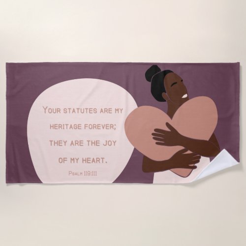 Black Woman Scripture Heart Christian Plum Beach Towel