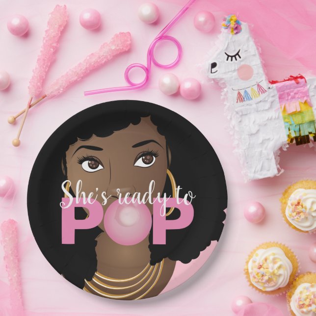 Black Woman, She's Ready to Pop, Bubblegum Theme Paper Plates (Party)