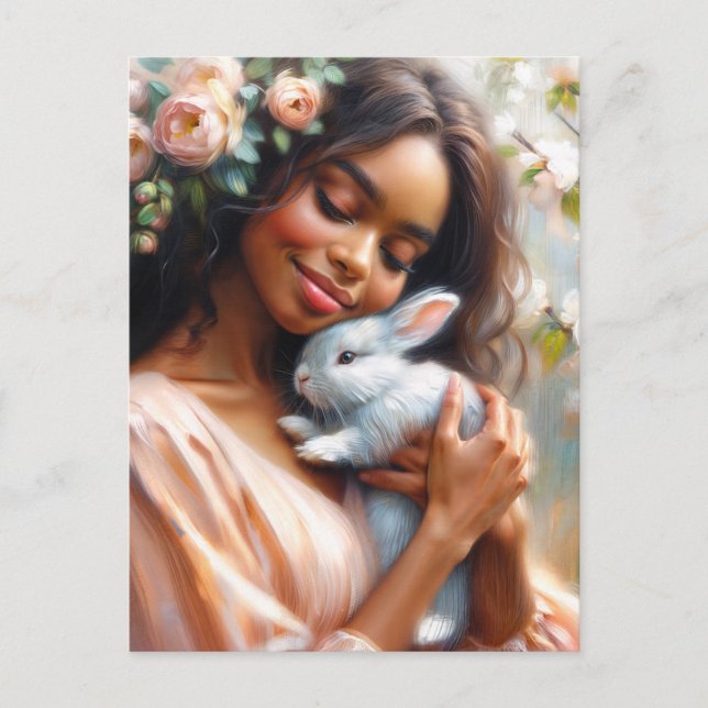 Black Woman Smiling With Cute Bunny Floral  Postcard (Front)