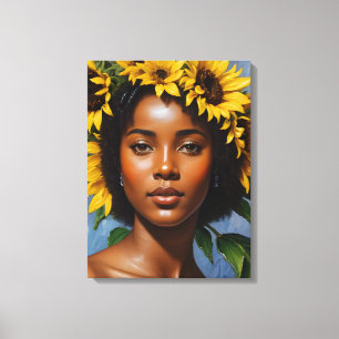 Black Woman Sunflower Portrait Art Canvas Print