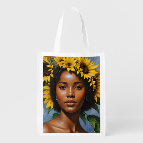 Black Woman Sunflower Portrait Art Grocery Bag