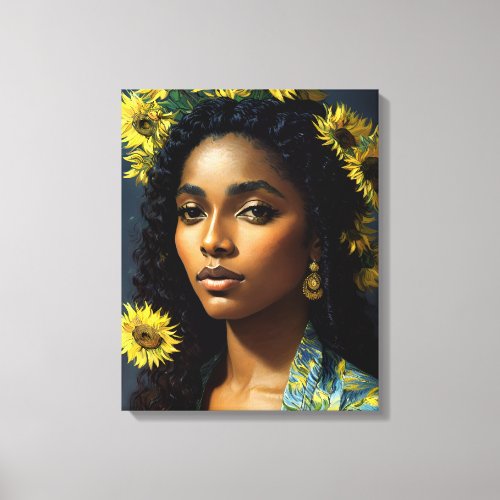 Black Woman Sunflower Portrait Van Gogh Style Canvas Print