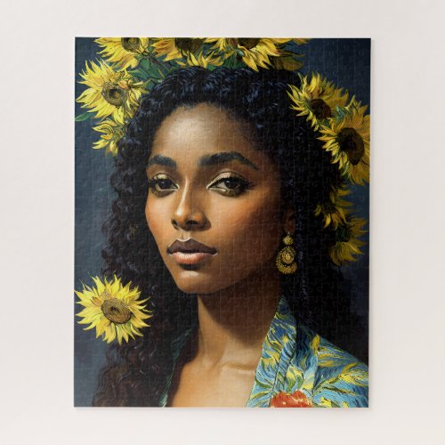 Black Woman Sunflower Portrait Van Gogh Style Jigsaw Puzzle