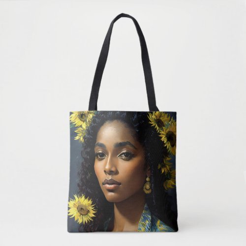 Black Woman Sunflower Portrait Van Gogh Style Tote Bag