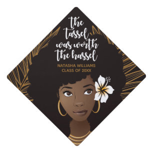 Black Woman, Tassel Worth the Hassel, Gold & Black Graduation Cap Topper