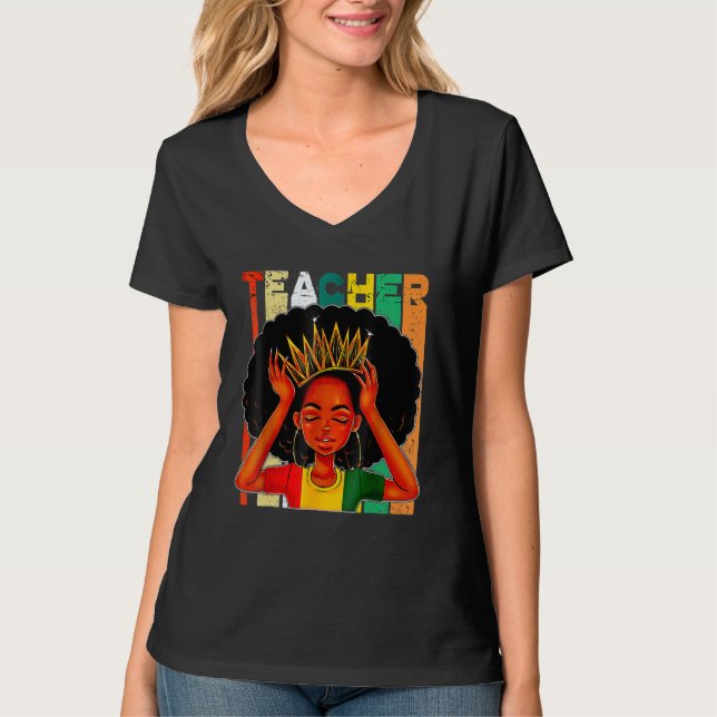 Black Woman Teacher Afro Retro Matching Black Hist T-Shirt (Front)