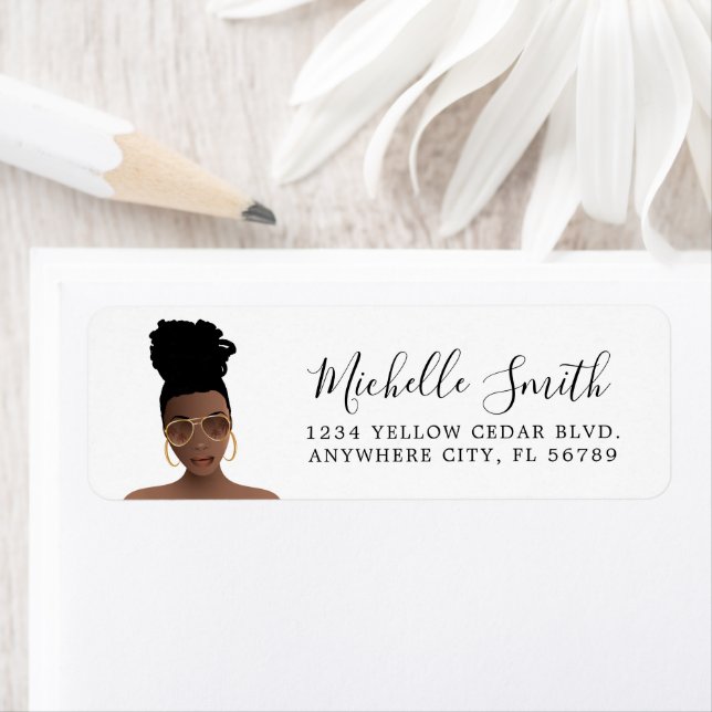 Black Woman, Top Knot & Gold Shades Label (Insitu)