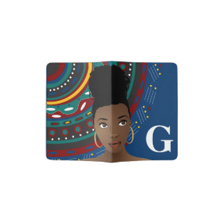 Black Woman, Tribal Inspired, Monogram, Blue Passport Holder