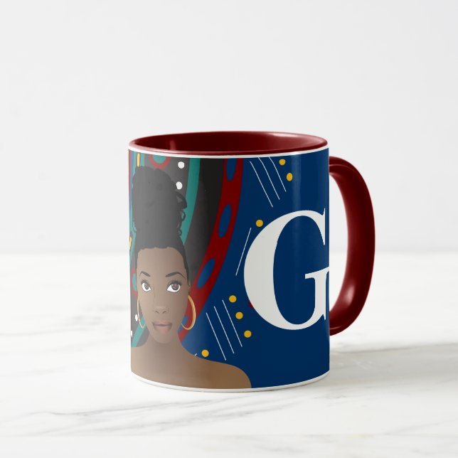 Black Woman, Tribal Inspired Pattern Monogram Blue Mug (Front Right)