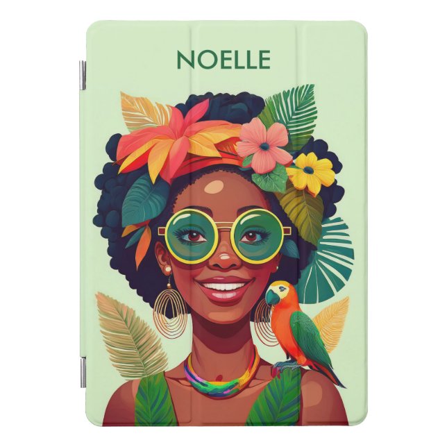 Black Woman, Tropical Flowers & Parrot iPad Pro Cover (Front)