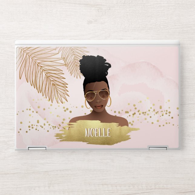 Black Woman, Tropical Gold Leaves & Shades, Pink HP Laptop Skin (Front)