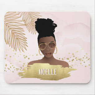 Black Woman, Tropical Gold Leaves & Shades, Pink Mouse Pad