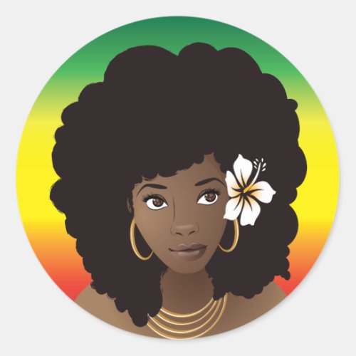 Black Woman wFlower in Hair Green Yellow Red Classic Round Sticker