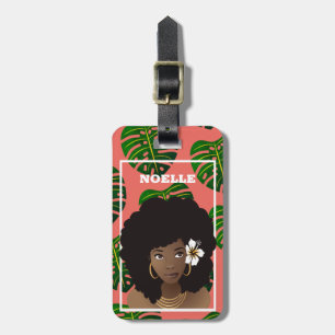 Black Woman w/Flower, Tropical Green Leaves, Coral Luggage Tag